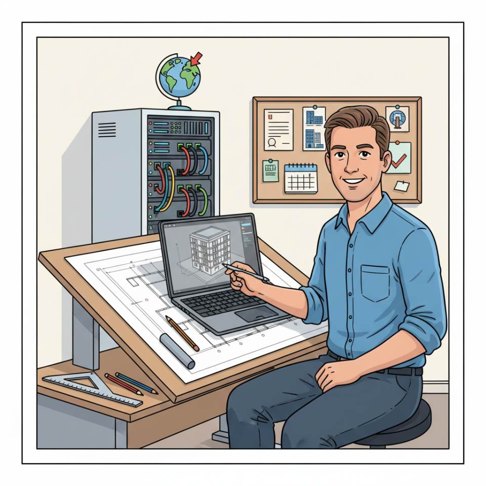 Comic-Darstellung eines Bauzeichners am CAD-Arbeitsplatz mit Bauzeichnungen und Plänen
