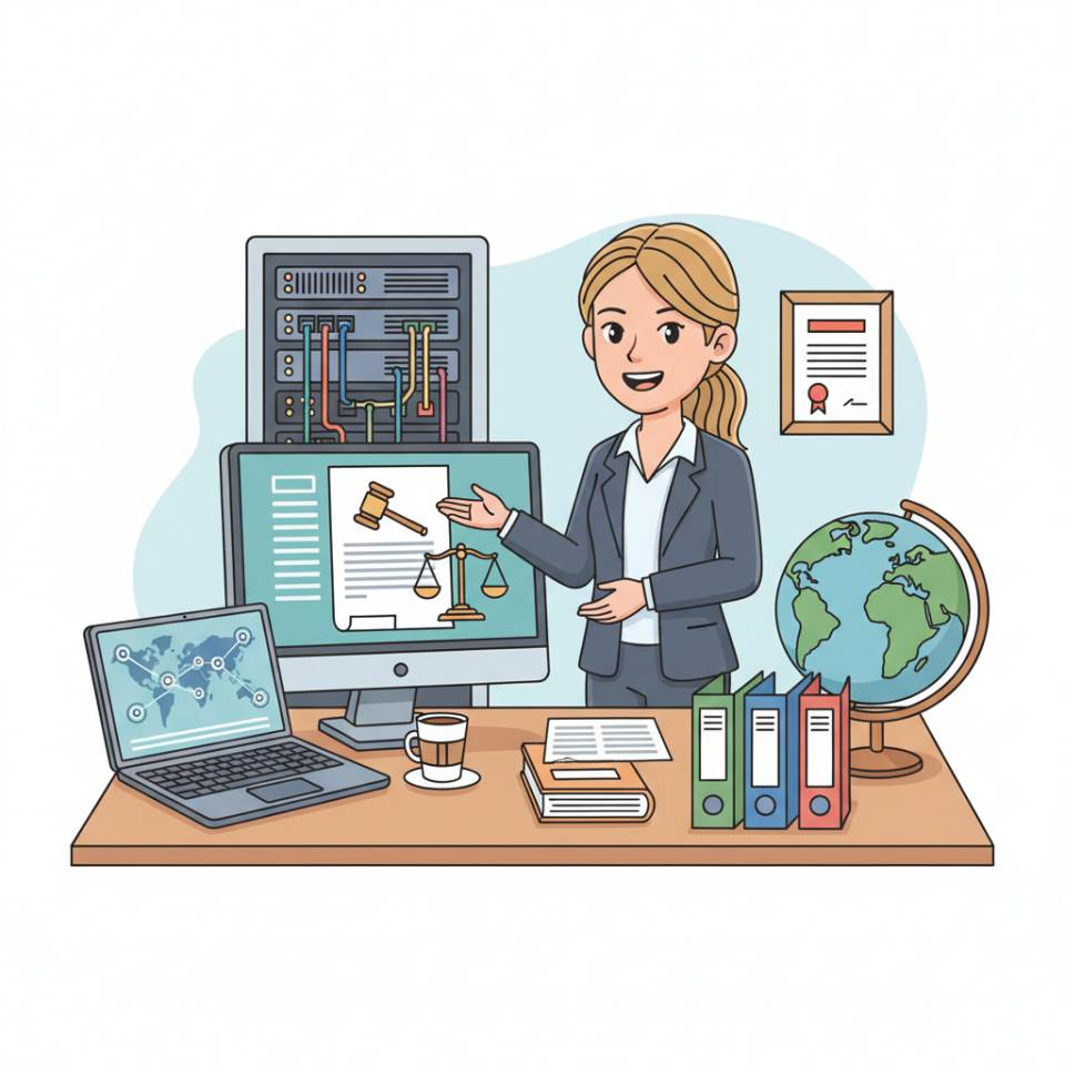 Comic-Darstellung eines Rechtsanwaltsfachangestellten am Schreibtisch mit Aktenordner, Laptop, Fristkalender und Kanzleiunterlagen