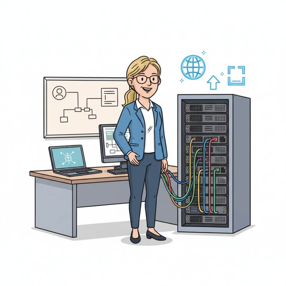 Comic illustration of facility management with tablet, team and residents in a modern care home