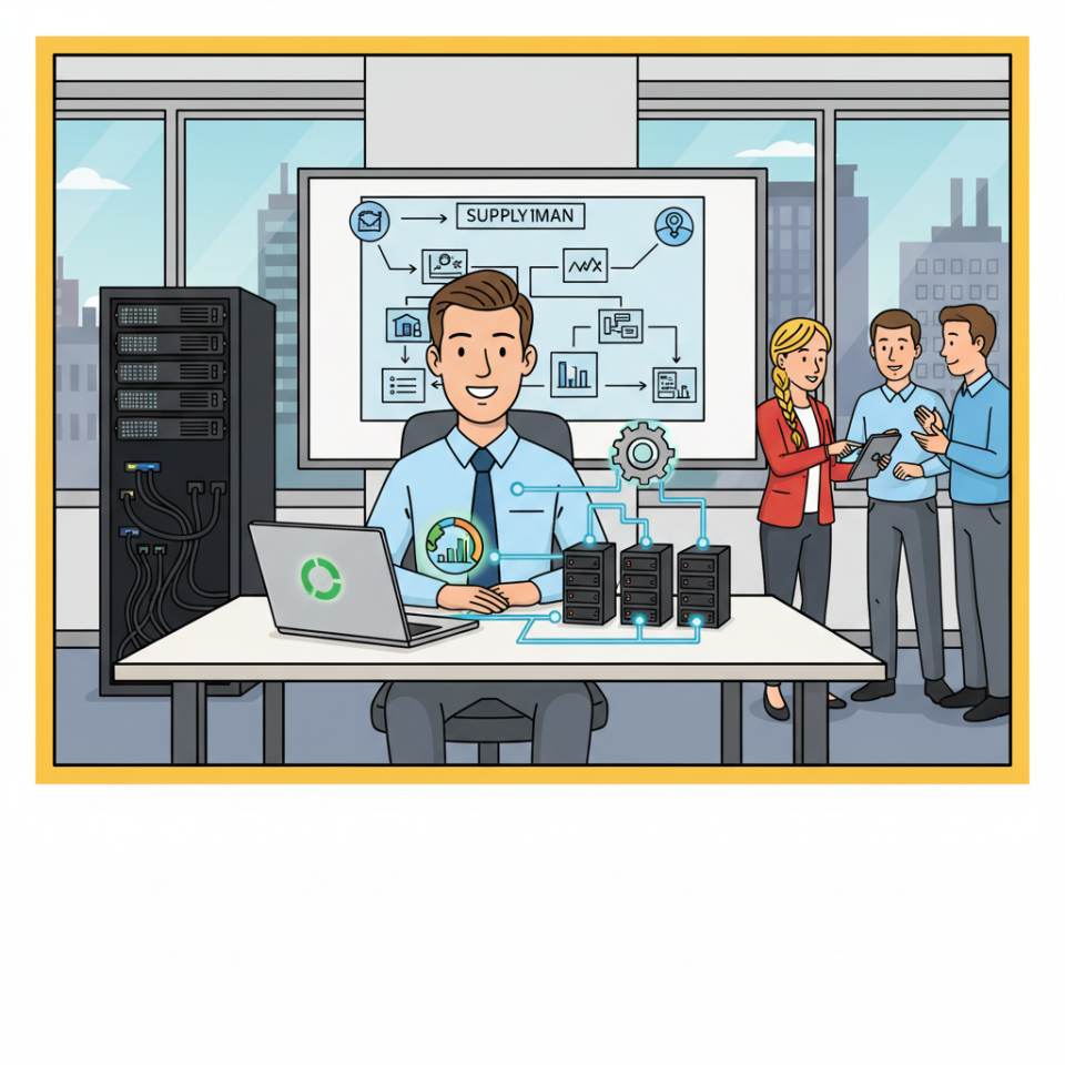 Comic illustration of an industrial clerk with laptop, order folder and charts in front of a modern production hall