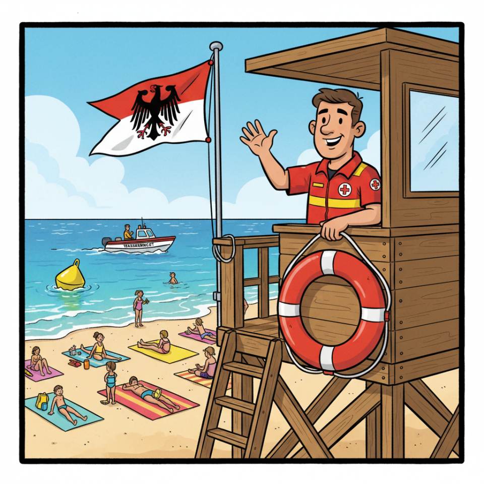 Comic illustration of a lifeguard with rescue buoy and binoculars at the edge of an outdoor pool