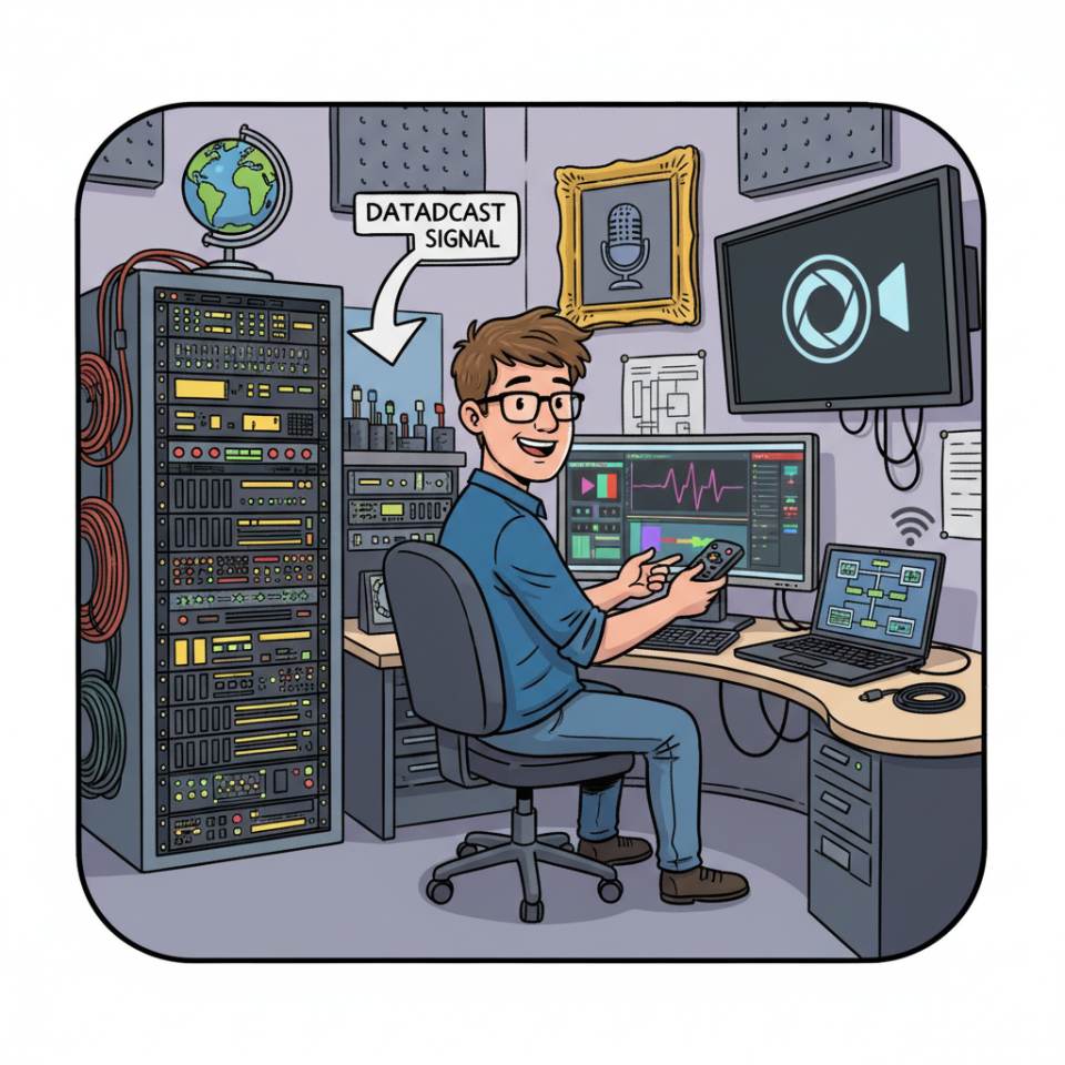 Ilustración tipo cómic de un tecnólogo de medios en una prensa moderna con control de color, banda de impresión y pantalla de control de calidad